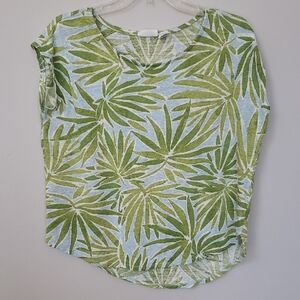 Sigrid Olsen Top Womens L Linen Palm Print Short Sleeve Tee Summer Vacation